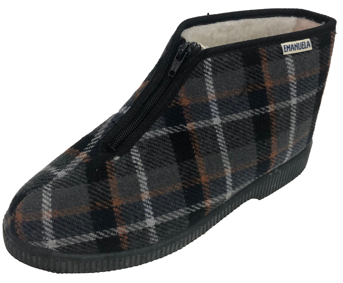 Pantofole alte invernali da uomo grige fantasia scozzese di lana con cerniera. Emanuela 565