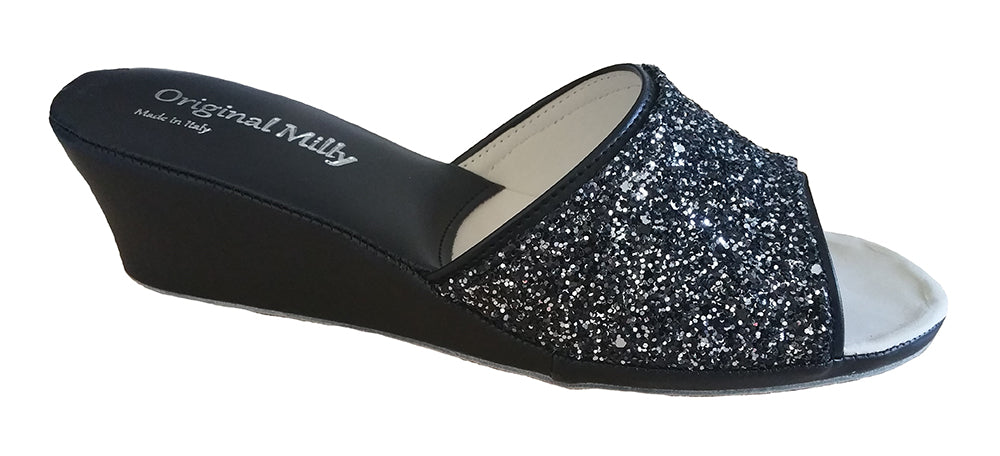 Milly 104  Ciabatte da camera aperte con glitter per donna pantofole per casa con zeppa classiche eleganti